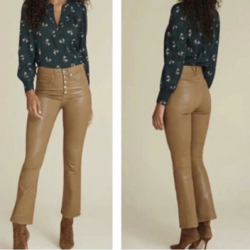 Veronica Beard Camel High-Rise Cropped Leather-Look Jeans